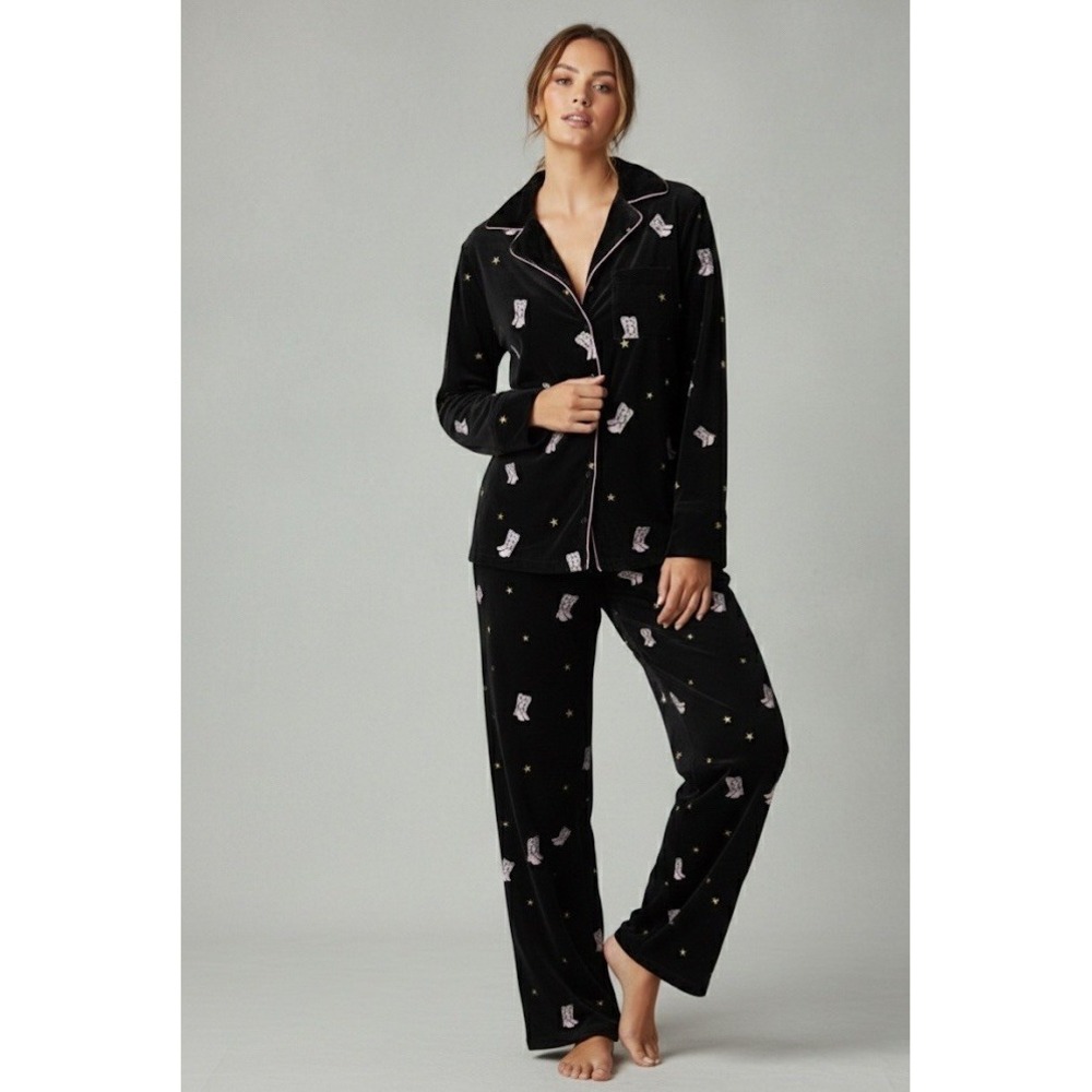 Nasty Gal Womens Velvet Western Cowgirl Colorful Pajama Set Black Small